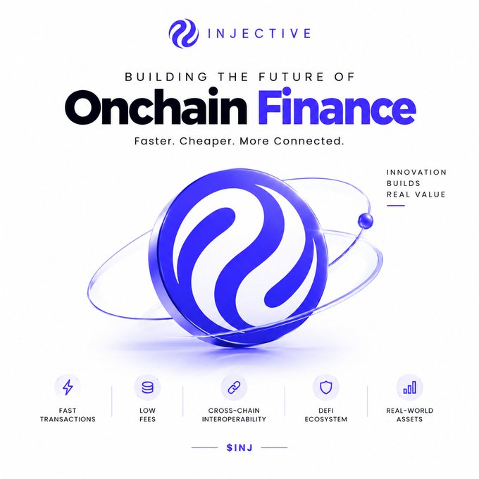An Injective cryptocurrency promotional graphic titled 'Building the Future of Onchain Finance' with the tagline 'Faster. Cheaper. More Connected.' featuring a 3D rendered INJ coin and icons highlighting fast transactions, low fees, cross-chain interoperability, DeFi ecosystem, and real-world assets.