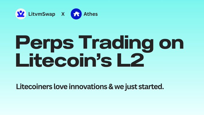 A promotional graphic with a teal background announces a partnership between LitvmSwap and Athes, headlined "Perps Trading on Litecoin's L2," with the tagline "Litecoiners love innovations & we just started." The image visually supports the announcement of Athes launching its first product—a fully on-chain perpetual DEX—on LitecoinVM, highlighting features like long/short positions and leverage trading for traders.