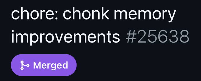 A GitHub-style notification reading 'chore: chonk memory improvements #25638' with a purple 'Merged' button below.