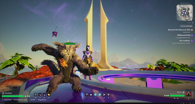 A screenshot from the video game Fortnite shows two characters standing on a platform, one being a large furry creature and the other a humanoid figure, with an active mission titled 'Beyond the Beacons [55]' visible on the right.