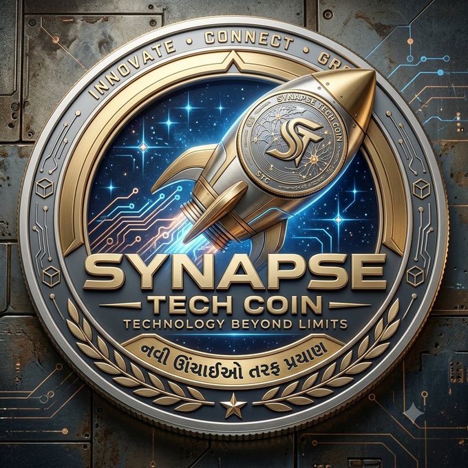 A digital graphic of a coin and rocket emblem with the text 'SYNAPSE TECH COIN', 'INNOVATE • CONNECT', and 'TECHNOLOGY BEYOND LIMITS' against a circuit board background.