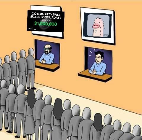 A cartoon illustration depicts a crowd of gray faceless people looking up at two men in shop windows, with a billboard reading 'COMMUNITY SALE MILESTONE UPDATE $1,000,000' and an image of a cat on the wall.