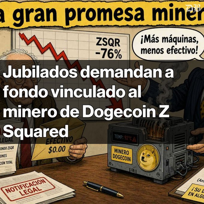 A Spanish-language satirical cartoon about retirees suing a Dogecoin Z Squared mining fund, with text 'Jubilados demandan a fondo vinculado al minero de Dogecoin Z Squared' and a chart showing ZSQR -76%.