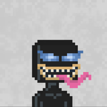 Pixel art character wearing blue sunglasses and a black hoodie with a pink squiggly object protruding from its mouth on a textured gray background.