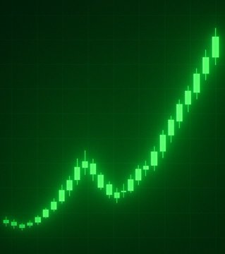 A green candlestick chart displayed on a dark background shows an overall upward trend with a mid-period dip before rising sharply toward the end, visually illustrating the post's message of a bullish price recovery for Bitcoin and Ethereum.