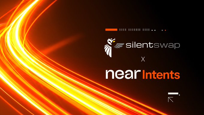 The image features a promotional graphic with vibrant orange and red light streaks against a dark background, displaying the "silentswap" and "nearIntents" logos separated by an "x" to announce a collaboration between the two platforms.