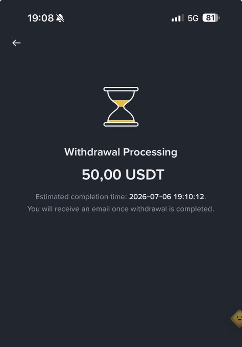 A mobile screen displays a "Withdrawal Processing" status for 50.00 USDT, with an estimated completion time of 2026-07-06 19:10:12, reflecting the promise of cashing out earnings from the platform.