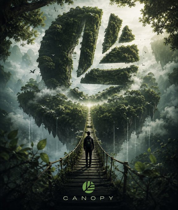 A fantasy digital artwork featuring a man standing on a wooden bridge leading toward a massive, glowing hand-shaped island made of forest, with the 'CANOPY' logo at the bottom.