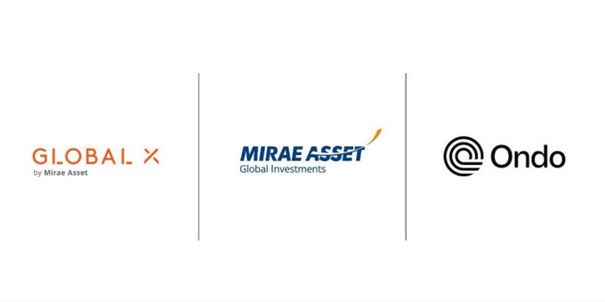 The image features a white background with three vertical lines, each representing a different global asset manager. The first line displays "Global X", the second line shows "Mirae Asset", and the third line represents "Ondo Finance". Below these lines are logos for two ETFs - "AIQ" and "BOTZ". The text in the image suggests that the Global X ETFs have been tokenized, meaning they are now available onchain.