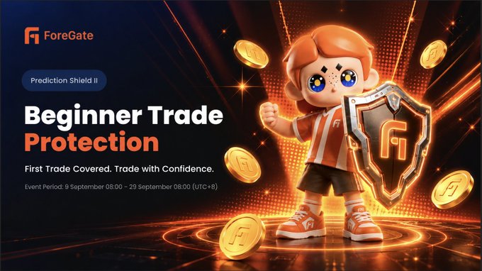 A promotional advertisement for 'ForeGate' featuring a cartoon character with a shield and coins, with text reading 'Prediction Shield II', 'Beginner Trade Protection', 'First Trade Covered. Trade with Confidence.', and event dates '9 September 08:00 – 29 September 08:00 (UTC+8)'.