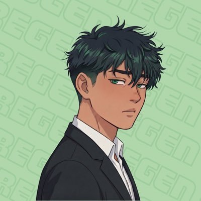 Anime-style illustration of a young man with messy dark hair and green eyes wearing a black suit jacket over a white shirt against a light green patterned background.