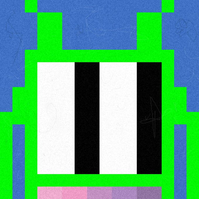A pixel art image featuring alternating black and white vertical stripes framed by a bright green pixelated structure against a blue background.