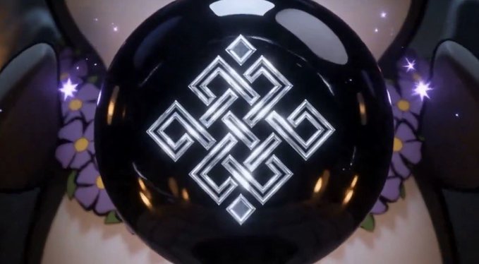 An anime-style illustration of a glowing black orb with a white runic symbol, set against a soft purple background with sparkles and a person's chest partially visible.