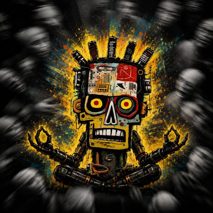 A stylized digital illustration of a robot with yellow eyes meditating in a lotus position, surrounded by a yellow aura and black feathers against a dark background.