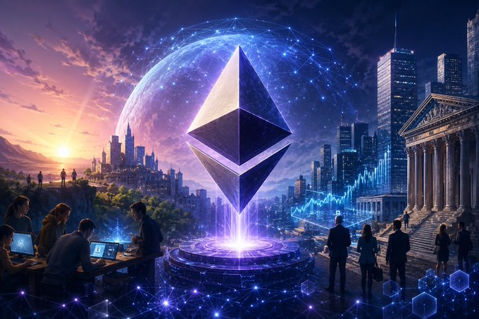 A fantasy digital artwork featuring a large Ethereum logo floating above a platform with people working on laptops, set against a backdrop blending modern skyscrapers, ancient Greek-style columns, and a cosmic globe with network nodes.