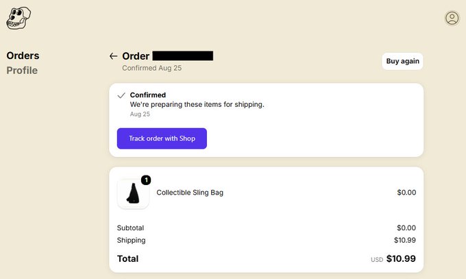 A Shop app order confirmation screen showing a confirmed order from Aug 25 for a "Collectible Sling Bag" at $0.00 with $10.99 shipping, totaling $10.99.