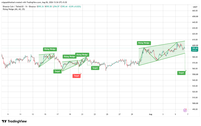 A TradingView 1-hour chart of BNB/USDT showing multiple 'Rising Wedge' patterns marked in green with corresponding 'Target' levels highlighted.