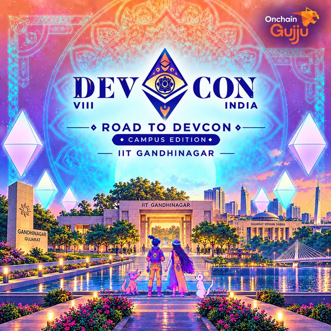 A vibrant promotional graphic for 'DEVCON VIII INDIA - ROAD TO DEVCON CAMPUS EDITION' at 'IIT GANDHINAGAR', featuring an illustrated scene with characters, a dog, and a cat, with 'Onchain Gujju' branding.