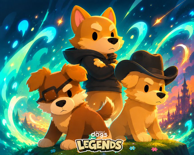 A vibrant anime-style illustration featuring three Shiba Inu dogs in different outfits (a hoodie, an eyepatch, and a cowboy hat) with the text "dogeinct DOGS LEGENDS" against a magical blue swirled background.