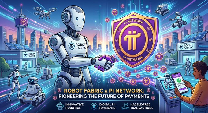 A promotional graphic for 'Robot Fabric x Pi Network: Pioneering the Future of Payments' featuring a robot and a human shaking hands, with tags for Innovative Robotics, Digital Pi Payments, and Hassle-Free Transactions.