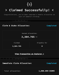 A dark-themed Monad airdrop confirmation screen showing 'Claimed Successfully!' with 2,384,765 wallet allocations and 2,106,000 SONE total allocation.
