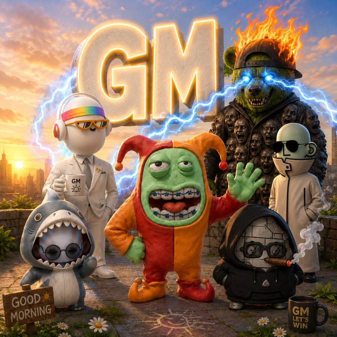 A vibrant, surreal 'Good Morning' scene features a group of quirky characters including a jester, a shark, a flaming bear, and a hooded figure, gathered around glowing 'GM' letters with a cityscape at sunset.