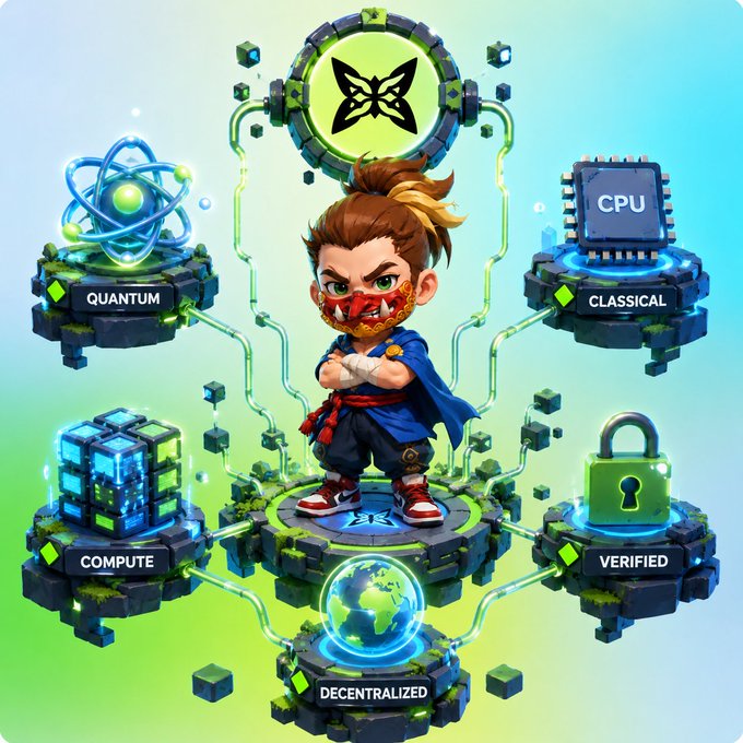 A stylized cartoon warrior stands in the center of a diagram with floating platforms labeled "QUANTUM," "CLASSICAL," "COMPUTE," "VERIFIED," and "DECENTRALIZED," all connected by glowing lines under a green emblem.
