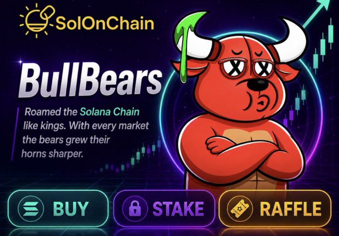 A promotional graphic for SolOnChain titled 'BullBears' shows a cartoon red bull wearing a green hat with X eyes, alongside text and buttons for BUY, STAKE, and RAFFLE.