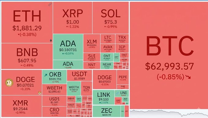 A cryptocurrency heatmap showing major coins: BTC $62,993.57 (-0.85%), ETH $1,881.29, BNB $607.95, XRP $1.00, SOL $75.3, with most tokens showing losses in red.