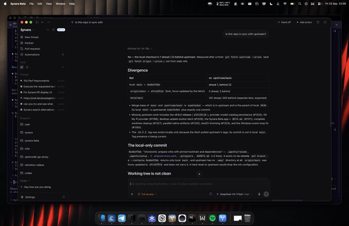 A screenshot of a Synology AI assistant chat interface on a Mac, displaying troubleshooting steps for a git fetch issue under the heading 'Divergence'.