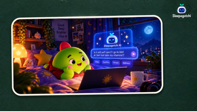 An illustration of a green cartoon character using a laptop in bed, with a "Sleepagotchi AI" interface showing the text "Is it still self care if I go to bed at 3am but take my vitamins?!" and options for "Sleep", "Nutrition", "Fitness", and "Wellness".
