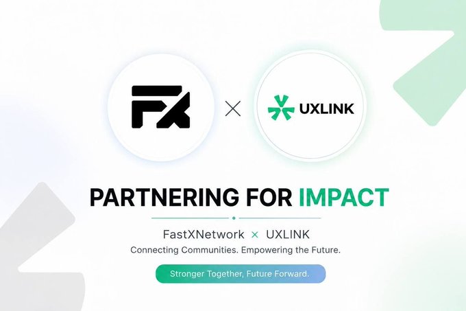 A promotional graphic displays a partnership between two companies, showing the logos 'FN' and 'UXLINK' with the text 'PARTNERING FOR IMPACT', 'FastXNetwork X UXLINK', 'Connecting Communities. Empowering the Future.', and 'Stronger Together, Future Forward.'