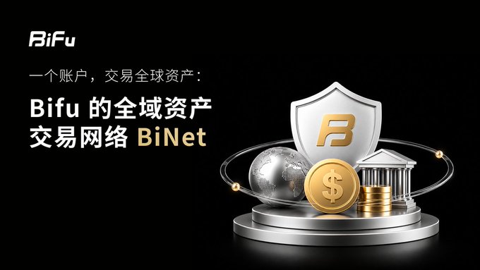 A promotional image for 'BiFu' featuring Chinese text '一个账户，交易全球资产' (One account, trade global assets) and 'Bifu 的全域资产交易网络 BiNet,' alongside a 3D illustration of a silver shield with a 'B' logo, gold coins, a globe, and a classical building.