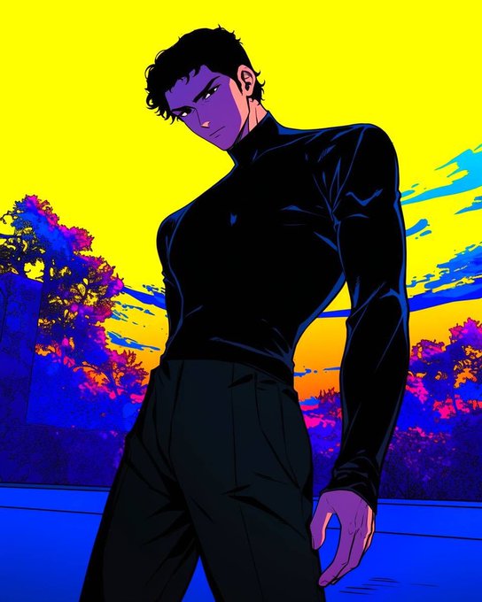 A stylized anime-style illustration of a handsome dark-haired man in a black turtleneck against a vibrant yellow, purple, and orange sunset background.