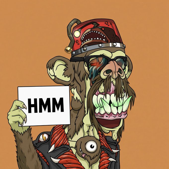A cartoon illustration of a grotesque, bearded character wearing a helmet and sunglasses, holding a white sign that reads 'HMM'.