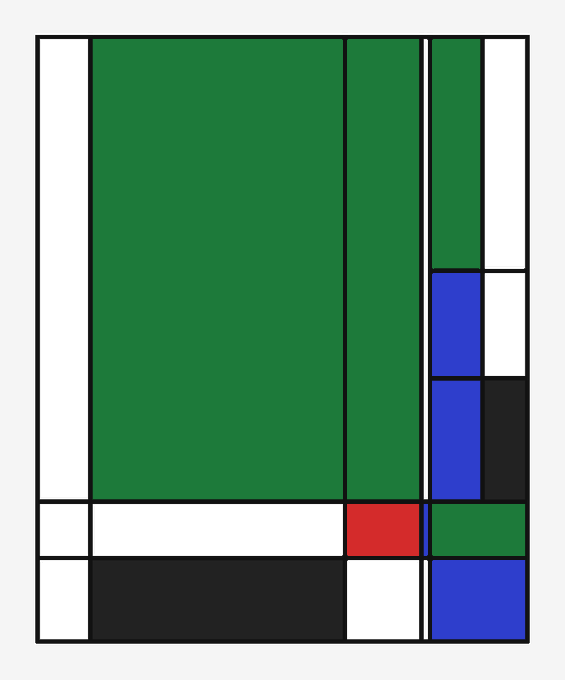 The image features a painting with a green background, which has been cut up into squares of different colors including red, blue, black, white, and green. The painting appears to be a collage or an abstract piece that showcases various elements from the color palette. The post about the pedrians sweeping somedyor is related to this artwork as it suggests a connection between the colors used in the painting and the action of people sweeping something.
