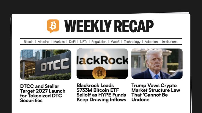 The image shows a newspaper article titled "Weekly Recap" with three different headlines, each related to Bitcoin or cryptocurrency news. The first headline reads "DTCC and Stellar pushed tokenized securities toward 2027," which suggests that these two companies were involved in a new ICO (Initial Coin Offering). The second headline states "Sui suffered another outage," indicating that there was an issue with Sui's cloud infrastructure, possibly affecting their ability to process transactions.

The third headline reads "Trump vowed lasting crypto rules," implying that the President has made some promises regarding cryptocurrency regulations or policies. Additionally, the image shows a man wearing a suit and tie, which could be a symbol of wealth or power in the world of cryptocurrency.