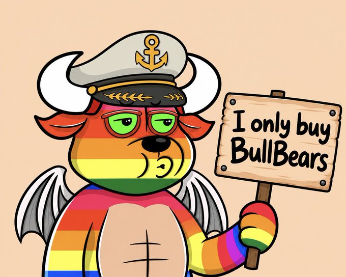 A cartoon illustration of a rainbow-colored bear wearing a sailor hat and glasses, holding a sign that reads 'I only buy BullBears'.