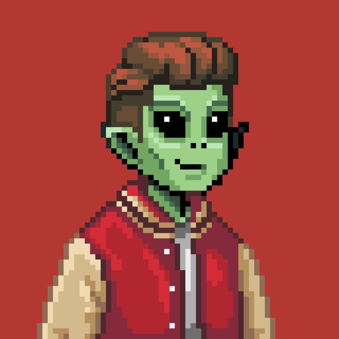 A pixel art portrait of a green-skinned zombie character with brown hair, wearing a red and beige varsity jacket against a red background.