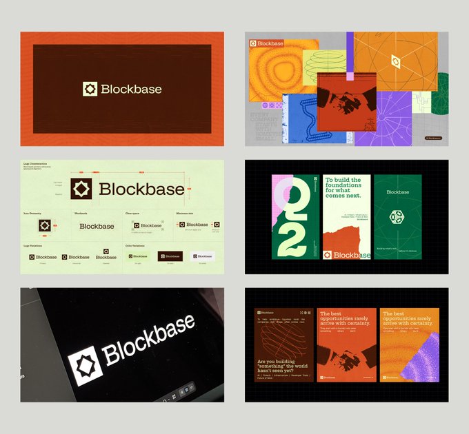 A brand exploration board for "Blockbase" showcasing logo variations, color palettes, typography guidelines, and design mockups, including the tagline "The best opportunities rarely arrive with certainty" and the statement "To build the foundations for what comes next."