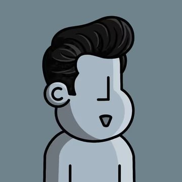 A minimalist cartoon illustration of a person with slicked-back black hair, grey skin, and a neutral expression against a solid grey-blue background.