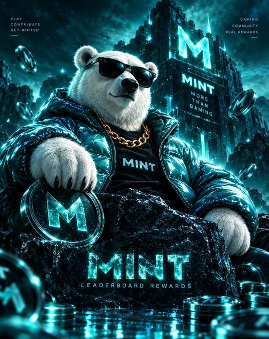 A promotional graphic for 'MINT - Leaderboard Rewards' featuring a stylized bear mascot wearing sunglasses and a puffy jacket, with text 'Play, Contribute, Get Minted' and 'Gaming Community, Real Rewards'.