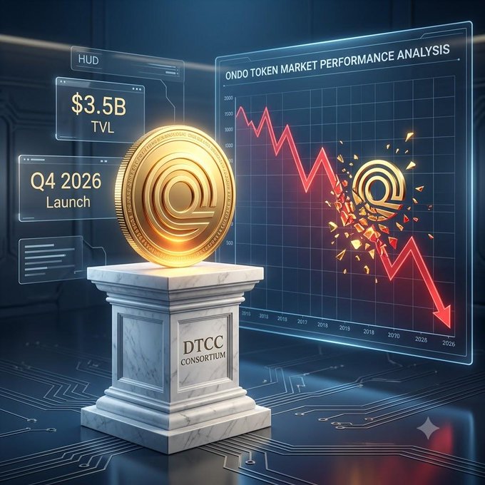 A gold ONDO token sits atop a marble "DTCC CONSORTIUM" pedestal beside a declining red market chart, while HUD overlays display "$3.5B TVL" and "Q4 2026 Launch," visually capturing the disconnect between Ondo Finance's institutional protocol success and its token's bearish trajectory amid looming dilution headwinds.