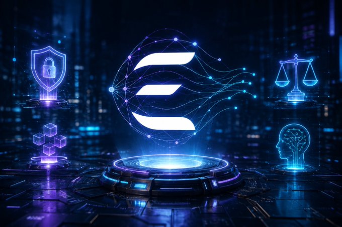 A futuristic digital graphic features the Solana logo glowing at the center on a circular platform, surrounded by holographic icons representing security (shield), justice (scales), blockchain (cubes), and AI (head with circuit brain) against a cyberpunk cityscape backdrop.