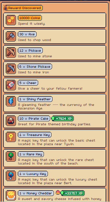 A 'Reward Discovered' screen from a video game lists various items including 10000 Coins, an Axe, Stone Pickaxe, Iron Pickaxe, Cheer, Shiny Feather, Pirate Cake, Treasure Keys, Rare Key, Luxury Key, and Honey Cheddar with their descriptions.
