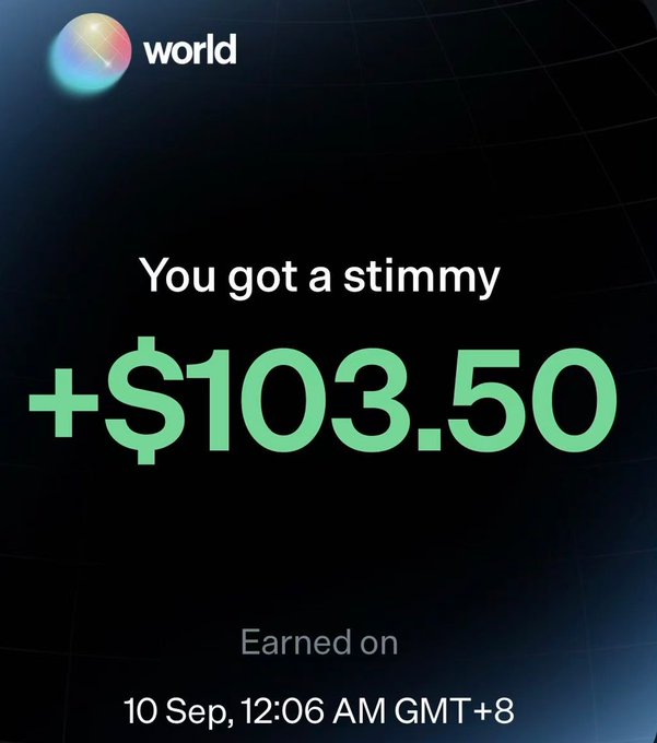 A notification from the World app displays "You got a stimmy +$103.50," earned on 10 Sep, 12:06 AM GMT+8, celebrating the user's success after over an hour of effort in claiming a reward from the reward pool via the Phantom wallet.