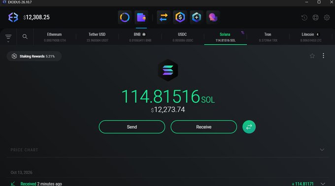 The image shows the Exodus 26.10.7 cryptocurrency wallet interface displaying a Solana (SOL) balance of 114.81516 SOL valued at $12,273.74, alongside other portfolio assets totaling $12,308.25. It appears unrelated to the $300 giveaway promo, likely shared as a screenshot showing the user's holdings while promoting the cash giveaway on stream.