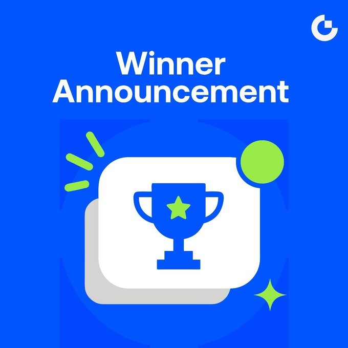 A blue graphic with a 'G' logo displaying 'Winner Announcement' text alongside a white trophy icon with a green star.