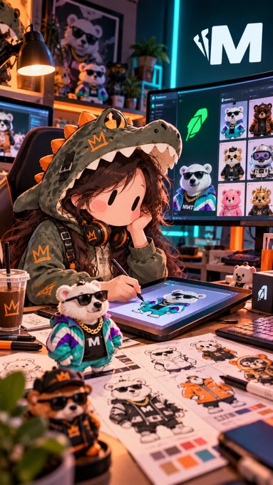 A digital illustration of a chibi character wearing a dinosaur hoodie, drawing art on a tablet in a studio filled with collectible bear figurines.