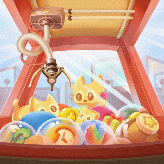 A colorful illustration of a claw machine filled with toys including orange cats, colorful balls, and capsules, with the mechanical claw positioned in the center.